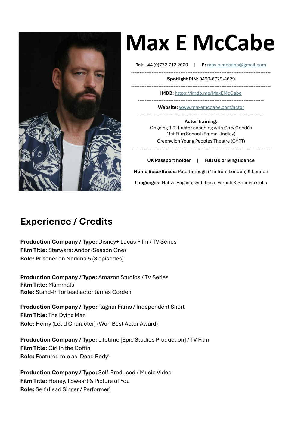Acting CV first-page preview. Open the PDF to read the full document.